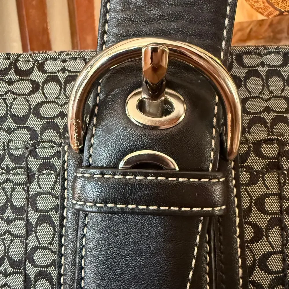 Coach Micro C Signature Jacquard Tote Bag Black Gray Leather Trim F19664
